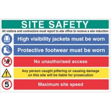 Site Safety - Report to Office - Hi Vis - Footwear - No Access - Liable for Prosecution - 5mph - Multi-Message Site Safety Board